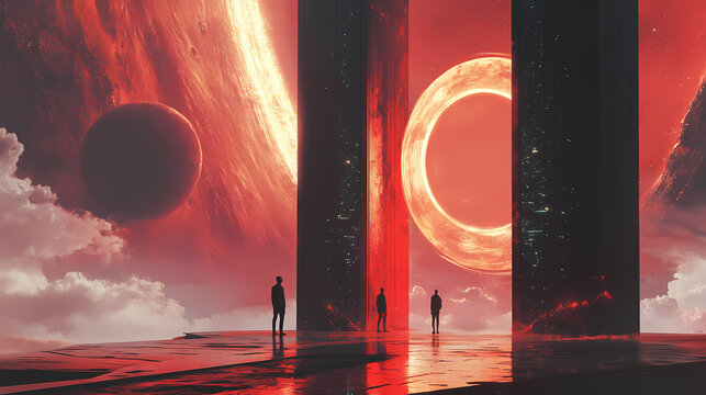 Travelers observing cosmic chrono synclastic infundibulum portal at surreal alien architecture. Chronos. Illustration