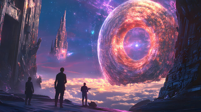 Travelers observing cosmic chrono synclastic infundibulum portal at surreal alien architecture. Chronos. Illustration