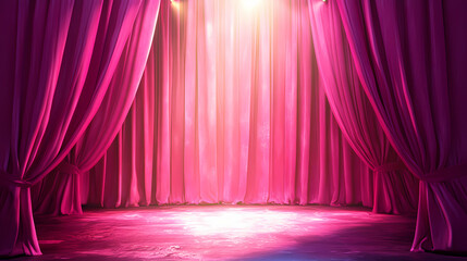 Vibrant pink curtains draw open to reveal a glamorous stage, spotlight shining bright, marking the start of a highly anticipated evening performance or event. Chronos. Illustration