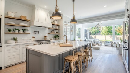 Fototapeta premium A chic modern kitchen with white and gray tones, featuring a clean design with open shelving, built-in appliances, and a large island perfect for cooking and socializing.