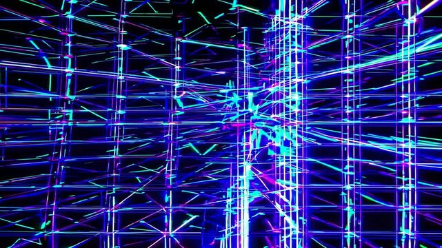Abstract Digital Art, Geometric Shapes, Purple and Blue Lights, Grid-like Structure, Glowing Sphere, Scattered Spheres on Dark Background, Artist Signature (Will Kohn)