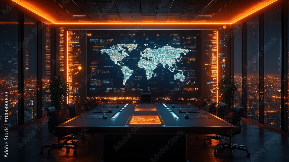 Poster futuristic home office setup with smart devices integrated for video conferencing and collaboration