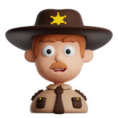 3D cartoon sheriff character, dressed in a badge and uniform, isolated on a transparent background. Cowboy avatar icon.