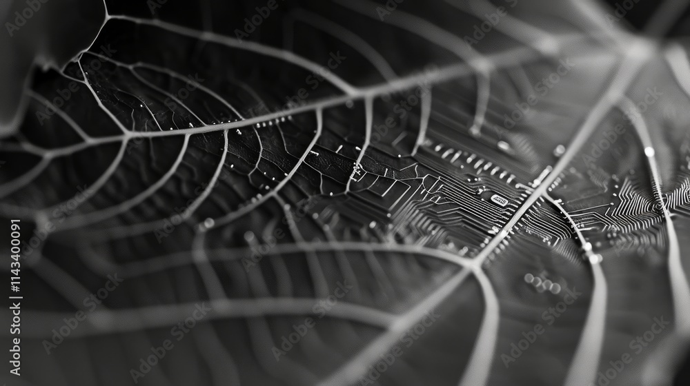 Poster a monochrome depiction of leaf veins resembling circuit patterns, emphasizing the artistic integrati