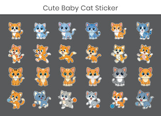 A cute kitten cartoon sticker vector. Cute baby cat flat illustration