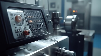 A close-up of a CNC machine cutting through a metal sheet, showcasing the detailed control panel, precise movements, and high-end manufacturing equipment.