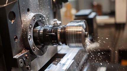 A close-up of a CNC machine cutting through a metal sheet, showcasing the detailed control panel, precise movements, and high-end manufacturing equipment.