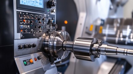 Fototapeta premium A close-up of a CNC machine cutting through a metal sheet, showcasing the detailed control panel, precise movements, and high-end manufacturing equipment.
