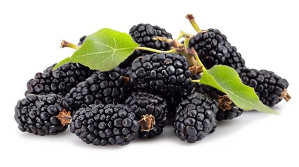 Fresh Ripe Blackberries with Green Leaves on White Background