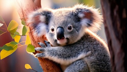 Fototapeta premium smiling baby koala hugging a pastel-colored tree