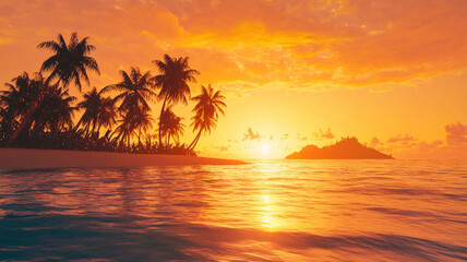 Obraz premium A vibrant illustration of a tropical island at sunset, featuring a glowing orange sky, silhouettes of palm trees, and gentle waves sparkling on the water, evoking a peaceful paradise.