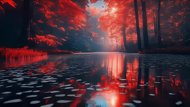 Lush red forest landscape reflecting on a tranquil lake