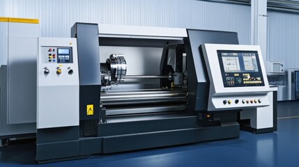 A CNC machine in action, operating on a metal workpiece, with the control panel visible, showcasing the precision and technology used for modern manufacturing.