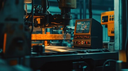 Fototapeta premium A CNC machine in action, operating on a metal workpiece, with the control panel visible, showcasing the precision and technology used for modern manufacturing.