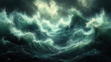 Emerald Sapphire Ocean Abstract Expressionism Ethereal Waves Glow Lighting