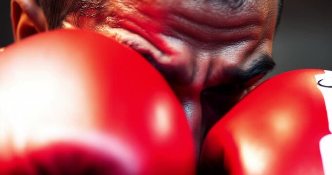An extreme macro close-up of a male boxer in training, showcasing vibrant colors and small subject details with a lively and energetic feel.