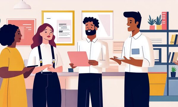 Diverse team discussing project in office.