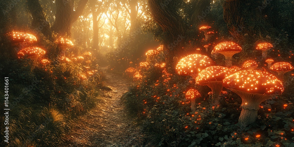 Poster enchanted forest path illuminated by glowing mushrooms.