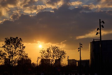 Naklejka premium Twilight casts a warm glow over Shanghai World Expo Culture Park, highlighting trees and architecture against a colorful sky