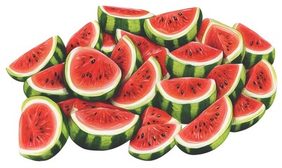 Pile of sliced watermelons with seeds.