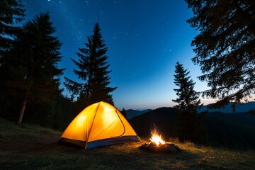 A cozy yellow tent beside a campfire under a starry night sky.