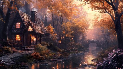 Fototapeta premium Autumn Cottage by the River: A Magical Landscape