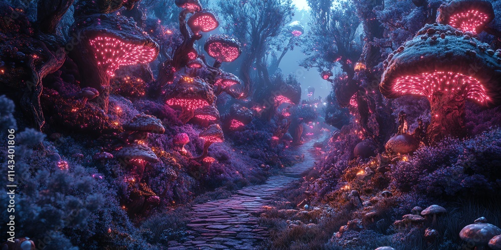 Poster a mystical forest path illuminated by vibrant, glowing mushrooms.