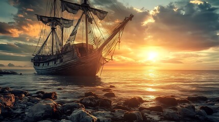 Obraz premium Antique Ship at Sunset. Concept of Adventure, History, and Exploration.