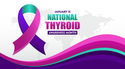 National thyroid awareness month is celebrated every year in January. with purple ribbon and typography suitable for banner, card, poster, template background