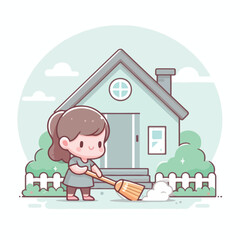 vector image of a small child sweeping