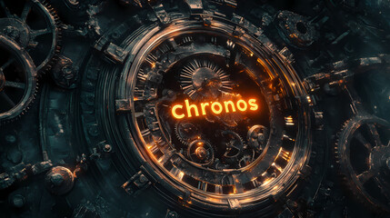 Metallic "chronos" text with glowing rays and antique clock gears. Chronos. Illustration
