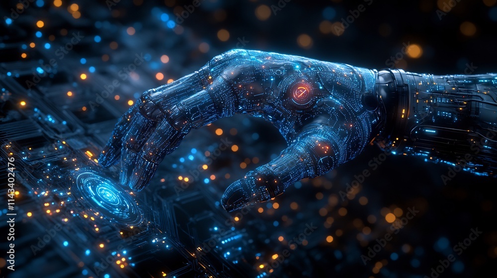 Poster futuristic robotic hand interacting with technological interface.