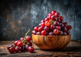 Rustic Grey Background, Wooden Bowl, Red Grapes, Urban Exploration Photography, Still Life