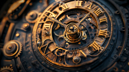 Obraz premium Old mechanical clock, clock face with gears, vintage object. Chronos. Illustration