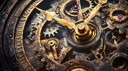 Fototapeta premium Old mechanical clock, clock face with gears, vintage object. Chronos. Illustration