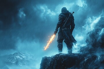Obraz premium A cloaked figure stands on a rocky outcrop, wielding a glowing sword amidst a stormy backdrop.