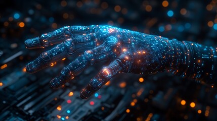 Futuristic robotic hand with glowing circuits.