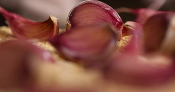 dehydrated garlic fruits for cooking, dried spices from garlic fruits closeup
