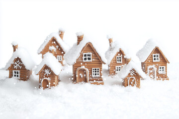 Naklejka premium Miniature snow house isolated on white background, Close up shot snow house with snow cover on the roof, Snow village with inches of snow.