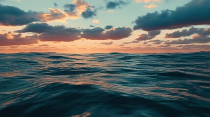 Fototapeta premium Serene Ocean Waves Under Colorful Sunset Sky with Soft Clouds