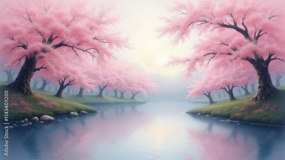 Poster the image is a beautiful landscape of a river with a group of trees on either side. the trees are co