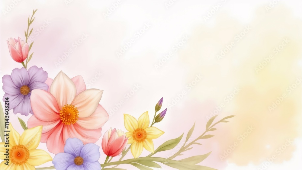 Poster the image is a digital illustration of a bouquet of flowers. the background is a light yellow color 