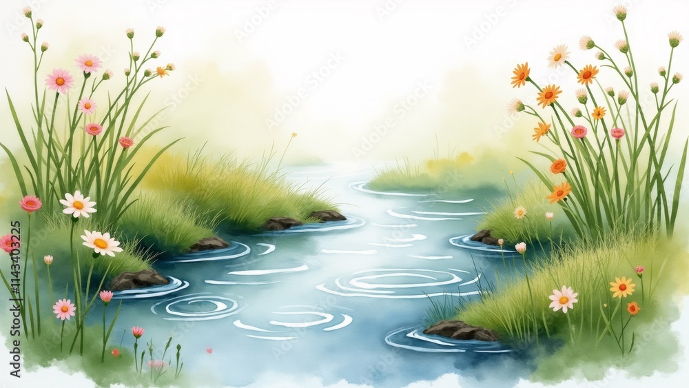 Poster the image is a digital illustration of a beautiful landscape with a small stream running through it.
