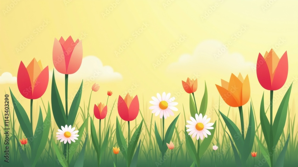 Poster the image is a digital illustration of a field of flowers. the background is a bright yellow color w