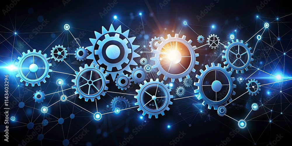 Poster silhouette business process automation workflow diagram gears technology header banner
