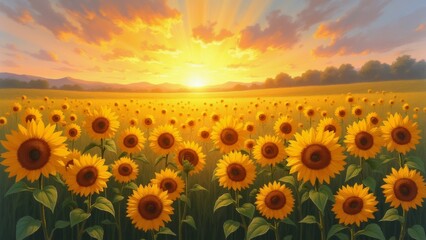 Fototapeta premium The image is a beautiful landscape of a sunflower field at sunset. The sky is filled with vibrant orange and yellow hues, with the sun setting in the background.