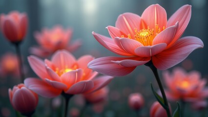 Fototapeta premium The image is a close-up of a group of pink lotus flowers. The flowers are in full bloom, with their petals spread wide and their vibrant pink color standing out against the blurred background.