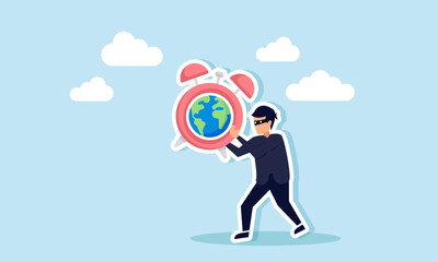 A thief walks carrying an alarm clock labeled with a globe, illustration of fraud manipulating global business project time schedules