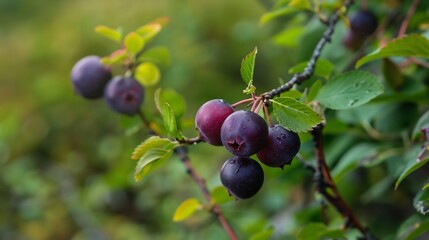 Obraz premium Ripe Saskatoon Berries on a Branch: A Close-Up of Nature's Bounty