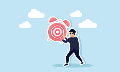 A thief walks carrying an alarm clock labeled with a target board, illustration of fraud manipulating business target time schedules